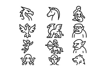 Mythical creatures collection with dragon, unicorn, mermaid, and more in simple outline style