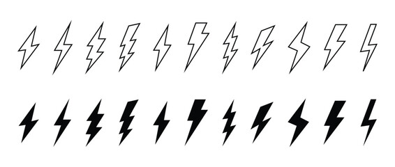 Lightning icons. Black and outlined lightning bolt icons in various sharp shapes. Energy, danger, electricity, and power symbol for UI, logos, weather, alerts concept. vector illustration eps file