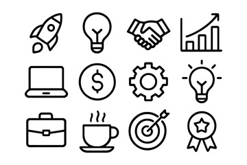 Simple linear business icons: finance, innovation, growth