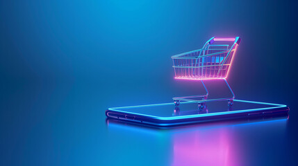 A glowing shopping cart hovers above a sleek smartphone screen, symbolizing the future of online shopping in a vibrant, digital environment