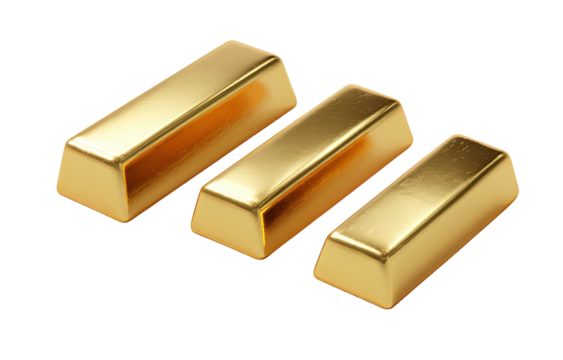 Three shiny gold bars diagonally arranged against a stark black background