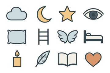Minimalist sleep and dream icons set: cloud, moon, and bedtime essentials