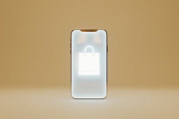 A sleek glass smartphone displays a glowing shopping bag icon against a smooth, neutral backdrop. This scene captures the essence of digital shopping in a minimalist style