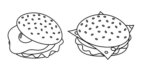 Outline Sandwich with Fried egg and Cheeseburger Sticker Icon Fast Food or Delivery design idea Set