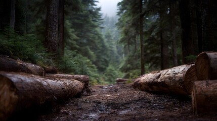 A misty forest path lined with fallen logs leading into a dense evergreen wilderness under a moody atmospheric light