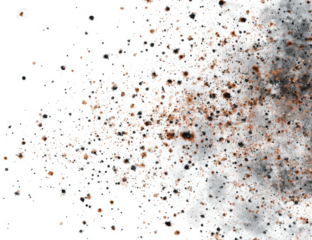Abstract image, a splash of dark and rusty-toned speckles, airy on a white background