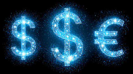 Currency symbols sparkling in bright blue light financial theme digital art black background abstract concept