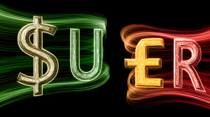 Currency exchange impact dollar and euro symbols global finance digital art dark background conceptual view