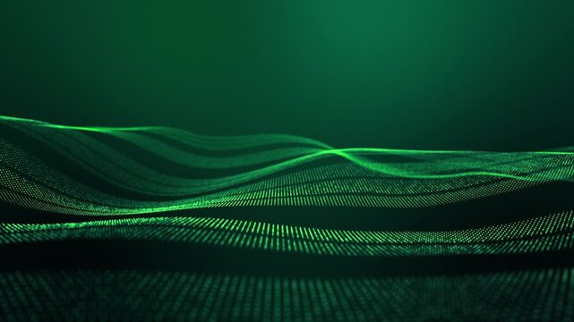 4k looped abstract green background of glow particles form lines, surfaces, structures as Holographic Green Wave