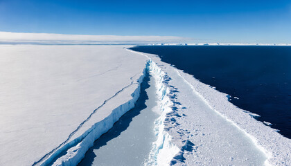 Obraz premium fictional location, a long crack filled with ice runs parallel to the open sea along a vast antarctic ice shelf, a landscape shaped by a warming climate.
