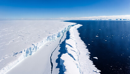 Obraz premium fictional location, a wide panoramic aerial view of a massive antarctic ice shelf showing its fractured edge against the deep blue ocean under a clear sky.