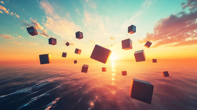 Geometric Cubes Floating Above Ocean at Sunset  Digital Abstraction