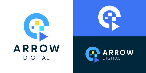 Obraz premium Creative modern digital arrow logo template. Simple circle arrow with digital symbol logo design vector illustration.