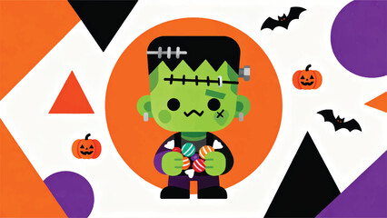 Illustration Of Chibi Frankenstein Carrying Candy, Halloween Background Vector Design Template