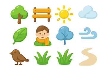 Cute nature icons for kids with trees, sun, and park elements