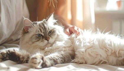 A fluffy cat with striking blue eyes relaxes on a bed as someone gently pets it. The sun streams in