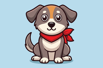 Cute cartoon puppy dog wearing a red bandana sitting and looking forward