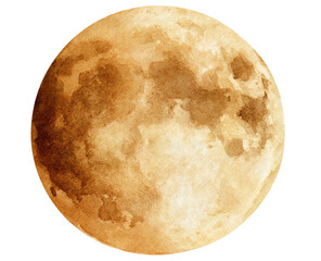 A close-up of the moon, exhibiting a detailed, textured surface with brown and yellow hues against black