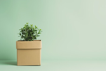 Biodegradable packaging box holds a small green plant, set against a soft green backdrop. This scene reflects eco-friendly choices and sustainable living practices