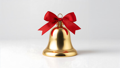 gold christmas bell ornament with red ribbon on white background