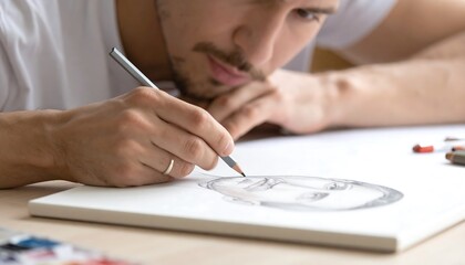 A person with a beard and a wedding ring is drawing a portrait with a pencil on a canvas. The subject is intently focused on the task