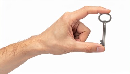 "Human Hand Balancing Vintage-Style Key on Extended Index Finger Against White Background &ndash; Symbolic Composition Representing Access, Control, and Unlocking Potential for Editorial Use, Branding, and 