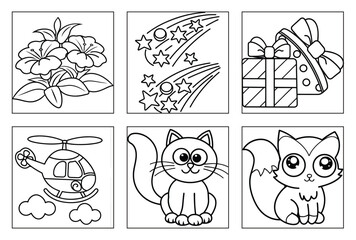 Naklejka premium coloring page outline illustrations including blooming flowers, shooting stars, wrapped gifts, a helicopter, a cute sitting cat, and an adorable fox.