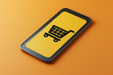 A tablet device lays flat on a bright orange background, displaying a shopping cart icon on its screen. This setup highlights the convenience of online shopping in today's digital world