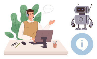 Smiling customer service agent wearing headset, gesturing at a robot assistant beside an info icon. Ideal for AI, customer support, collaboration, automation, technology, teamwork innovation. Simple