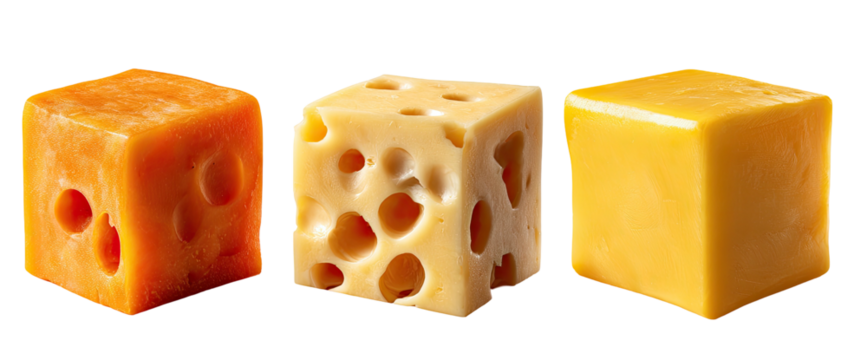 Three cheese cubes, orange, yellow, and pale, each with a different texture, against a black backdrop