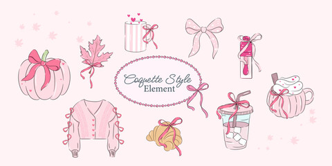 Set of Whimsical Coquette Cozy Girl Element. Ribbon, Coffee Cup, Maple Leaf, Autumn Design Element.