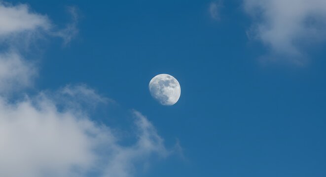 Daytime Moon in a Blue Sky with Wispy Clouds, Celestial Body in Space