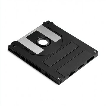 A black and silver floppy disk isolated against a smooth plane. A reminder of early digital storage technology