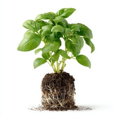 A vibrant green basil plant with its roots exposed, showcasing its healthy growth and connection to the earth
