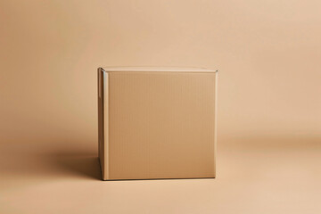 Cardboard delivery box sits prominently against a smooth, neutral backdrop in a minimal studio environment. The design emphasizes clean lines and simplicity, ideal for packaging concepts