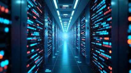 Futuristic server room with glowing LED lights on network equipment. Advanced data center infrastructure showcasing technology, internet, and digital network connections. - Powered by Adobe