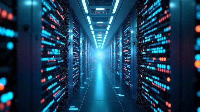 Futuristic server room with glowing LED lights on network equipment. Advanced data center infrastructure showcasing technology, internet, and digital network connections. - Powered by Adobe