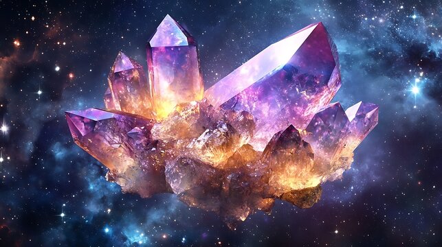 Glowing Purple Crystal Cluster in Starry Cosmos - Powered by Adobe