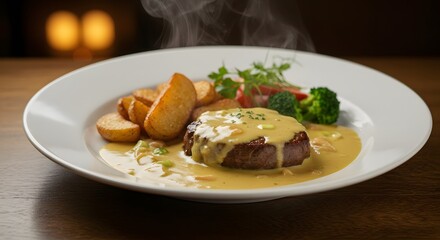 Delicious Beef Steak with Creamy Sauce and Potato Wedges on a White Plate