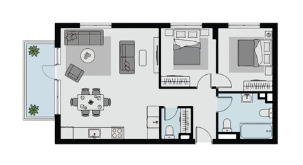 Detailed two-bedroom apartment floor plan with balcony and modern interior layout showcases functional living spaces and architectural design