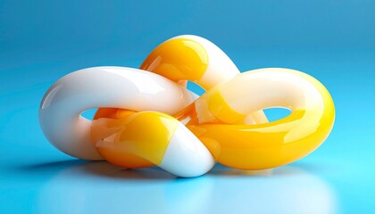 Intertwined glossy trusses in white and orange-yellow on blue gradient.