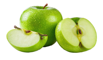 A close-up depicts three green apples, one whole, a half, and a slice, on a black background