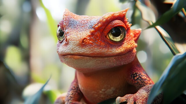 3D render of a textured, orange reptile with a prominent horn, partially obscured by foliage.