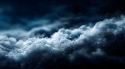 Futuristic network structure woven through dark ethereal clouds with glowing blue connections