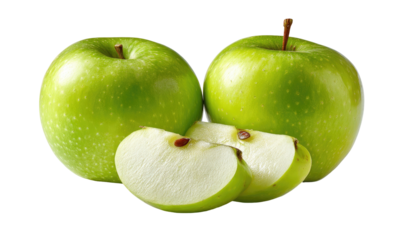 Three green fruits, two whole, the other sliced, sit against a black background