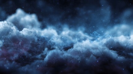 Fototapeta premium Futuristic digital network structure in dark blue clouds with glowing lights