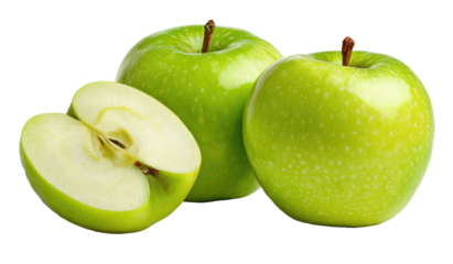 Three vivid green fruits, one cut open, against a stark black background. Shiny, healthy produce