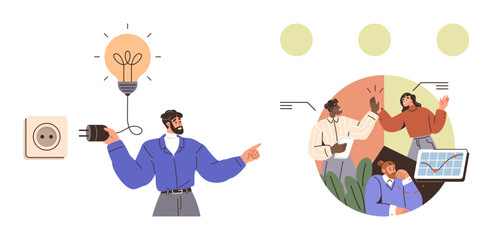 Person holding lightbulb connected to power socket symbolizing innovation. Team discussing solutions and strategies near charts. Ideal for creativity, teamwork, business growth, strategy