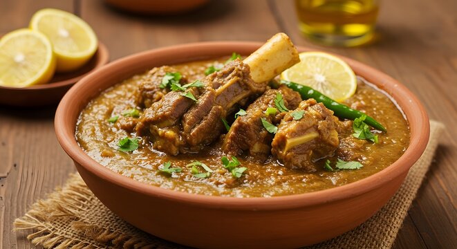Delicious Indian Mutton Curry with Bone and Lemon Slices in Earthen Bowl