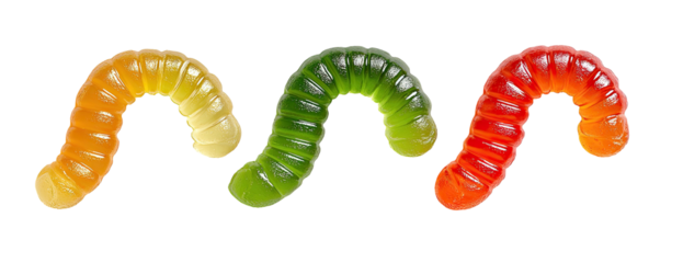 Three wiggly, colorful gelatin candies, each a different color, isolated against a solid black background